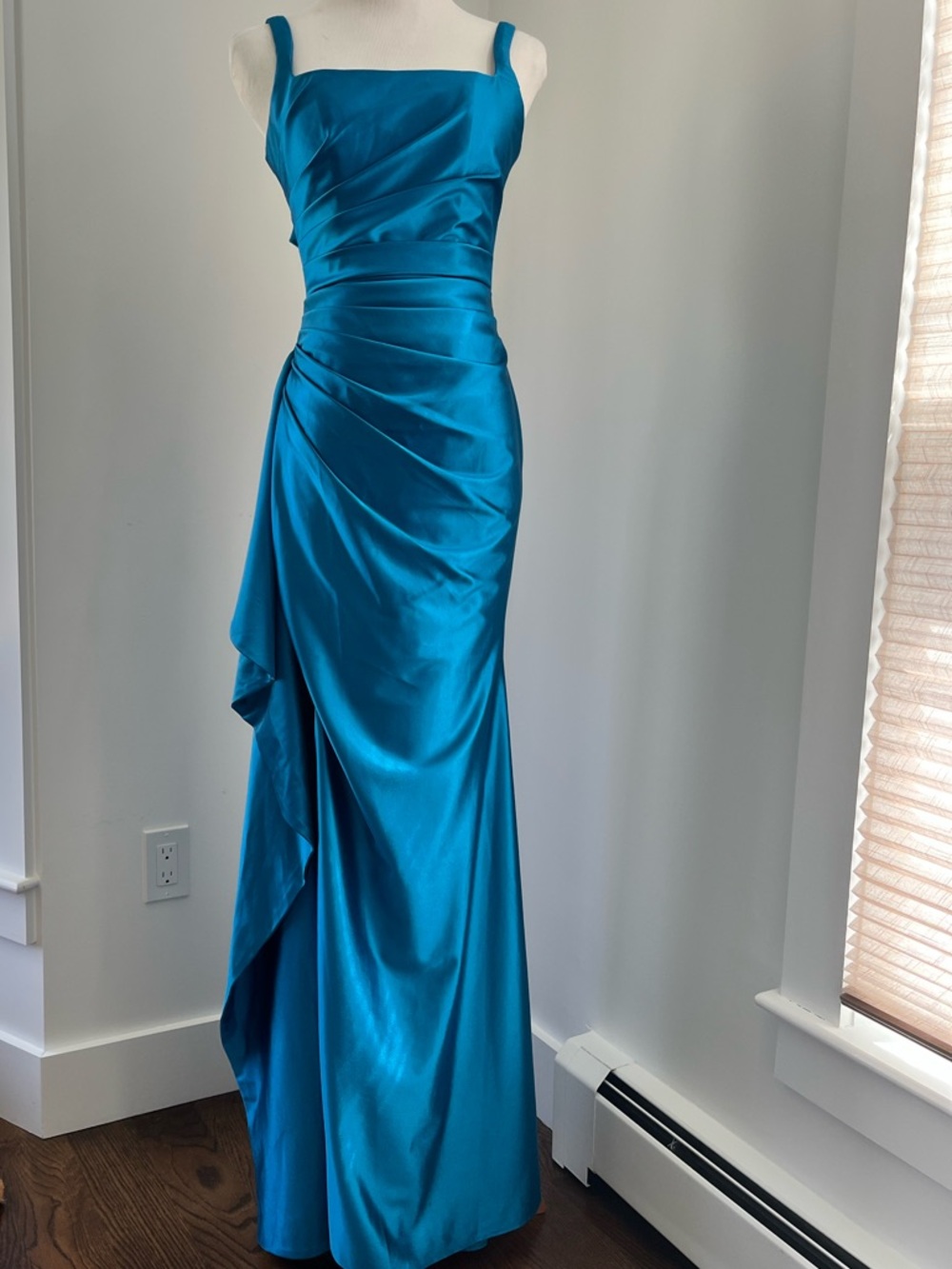 NWT | Stacees | Ink Blue Square Neckline Ruched Prom Dress w/Side Cascading Slit - Picture 3 of 5